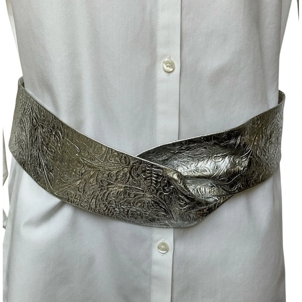 Nina Arjani Leatherlock Metallic Silver Leather Belt Crossover Statement Belt